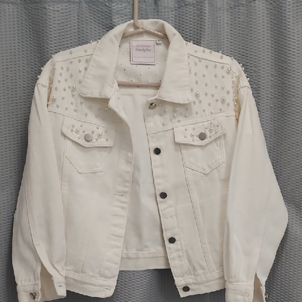 Bride-to-be Pearl-Embellished Cream Denim Jacket - Picture 2 of 8